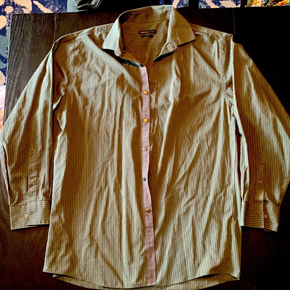 Black/green/grey striped men’s button-down, size 16-16 1/2; 32/33